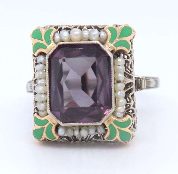 Antique White Gold Synthetic Alexandrite, Seed Pearl and Enamel Ring