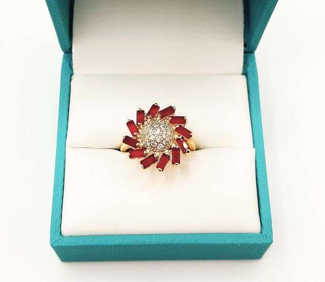 22KT YELLOW GOLD PLATED, GARNET, & DIAMOND COCKTAIL RING