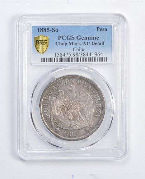 Genuine AU Detail 1885-So Chile 1 Peso - Chop Mark - Graded PCGS