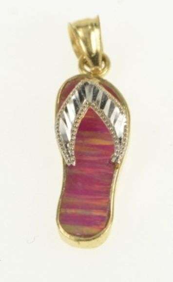 14K Yellow Gold Sim. Opal Inlay Two Tone Flip Flop Shoe Charm/Pendant