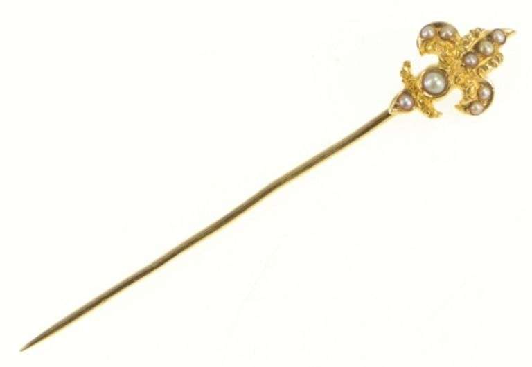 14K Yellow Gold Elaborate Fleur De Lis Seed Pearl Antique Stick Pin