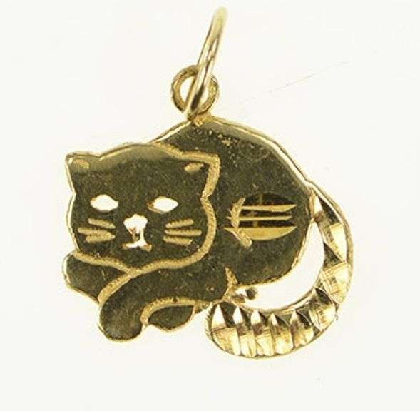 14K Yellow Gold Diamond Cut Sleeping Cat Kitty Kitten Charm/Pendant