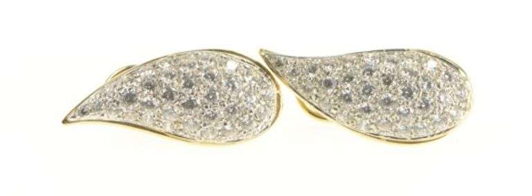 14K Yellow Gold Paisley Pave CZ Encrusted Tear French Clip Earrings