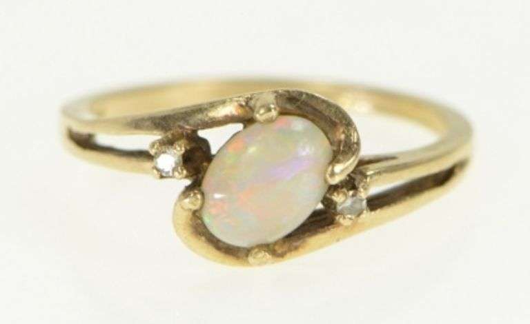 10K Yellow Gold Oval Opal Diamond Accent Vintage Bypass Ring