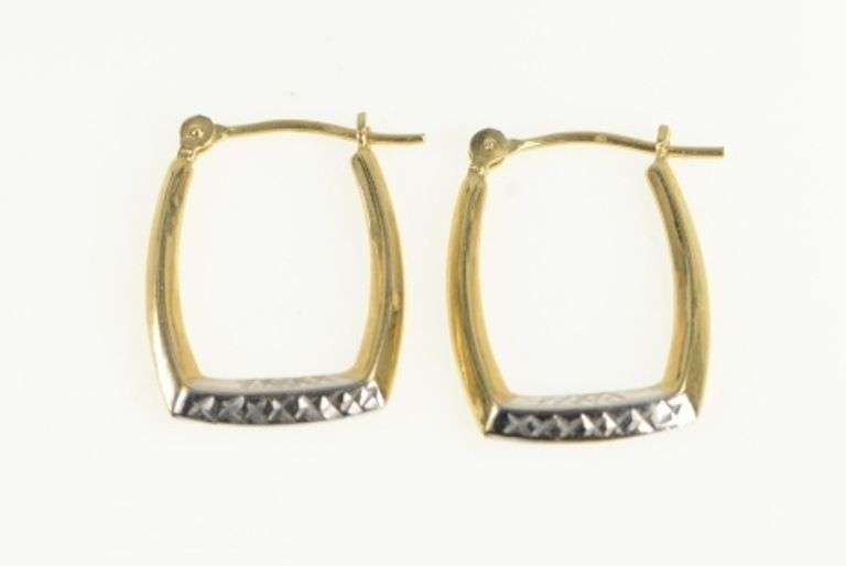 14K Yellow Gold Two Tone Squared Textured Fashion Hoop Earrings