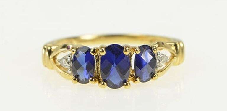 10K Yellow Gold Oval Three Stone Syn. Sapphire Diamond Ring