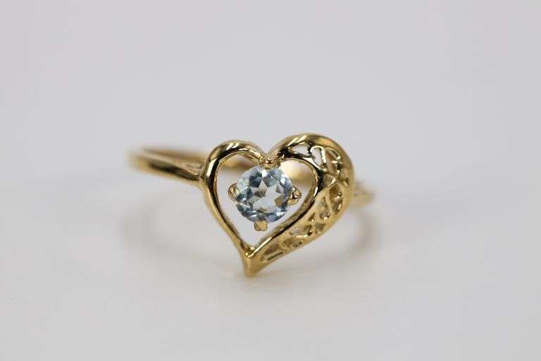 14k Yellow Gold Round Natural Blue Topaz Filigree Heart Promise Ring Size 4.75