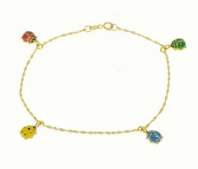 18K Yellow Gold Enamel Rainbow Lady Bug Lucky Bracelet