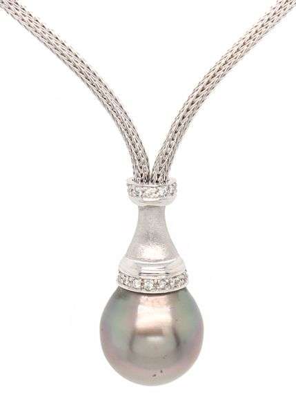 13.50MM Tahitian Pearl and 0.12ctw Diamond Pendant Necklace in 18K