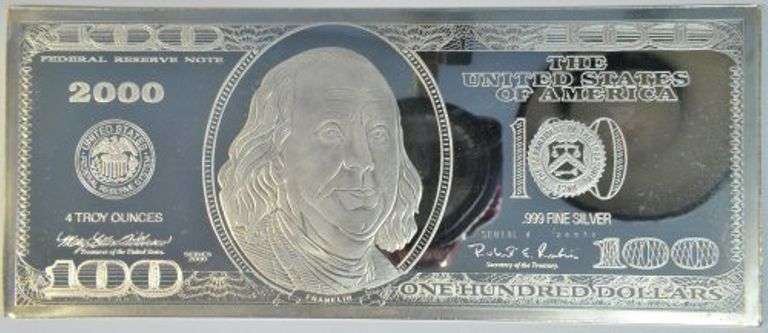 Prooflike 4 Troy Oz pure .999 Fine Silver $100 bar. Box.