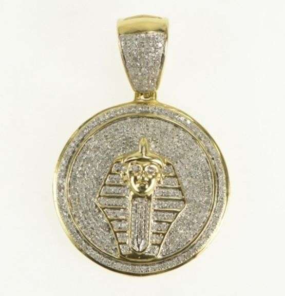 10K Yellow Gold Pave Diamond Pharaoh Egyptian Medallion Charm/Pendant