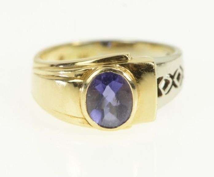 14K White Gold Modernist Oval Two Tone Geometric Sim. Iolite Ring