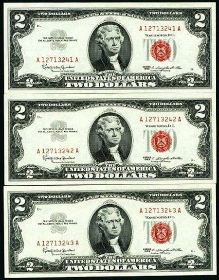 (3) Superb Crisp 1963 $2 Red Seal Notes-Consecutive!