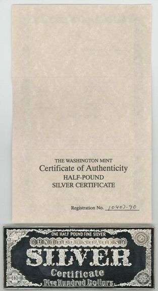 Great Pure 8 Troy Oz .999 fine silver $500 facsimile bar with COA