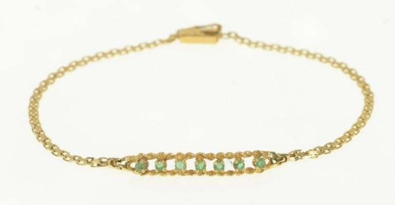14K Yellow Gold Retro Emerald Inset Bar Square Chain Vintage Bracelet