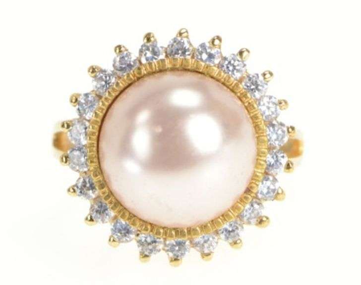 Sterling Silver Retro Pearl CZ Halo Cocktail Statement Ring