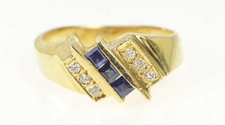 14K Yellow Gold Princess Cut Sapphire Diamond Accent Slanted Ring