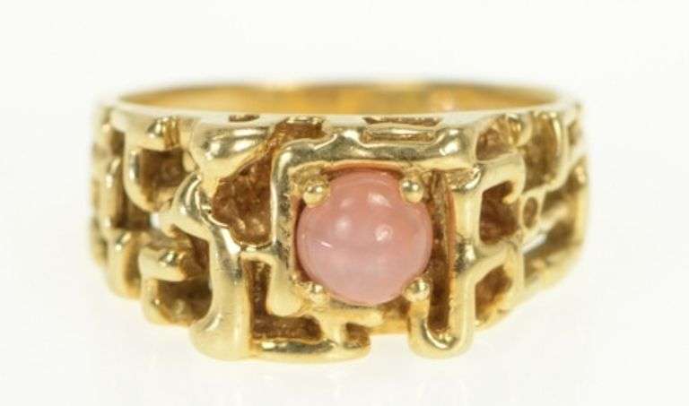 14K Yellow Gold 1960's Abstract Nugget Syn. Pink Star Sapphire Ring