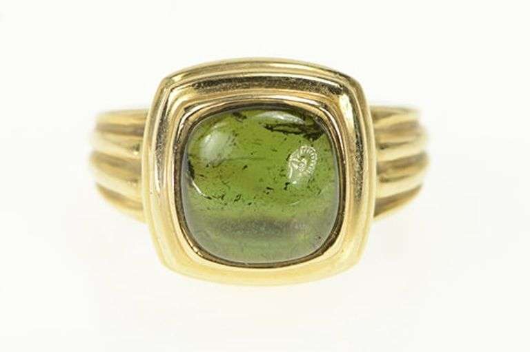 14K Yellow Gold Green Tourmaline Cabochon Ornate Vintage Ring