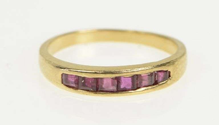 14K Yellow Gold Princess Natural Ruby Ornate Wedding Band Ring