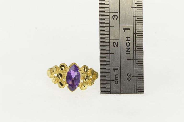 14K Yellow Gold Marquise Amethyst Textured Geometric Vintage Ring