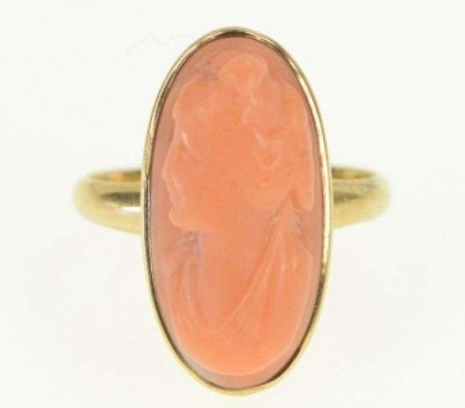 14K Yellow Gold Oval Carved Victorian Coral Cameo Vintage Ring