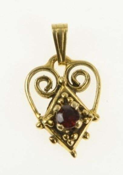 14K Yellow Gold Victorian Garnet Heart Love Valentine Charm/Pendant