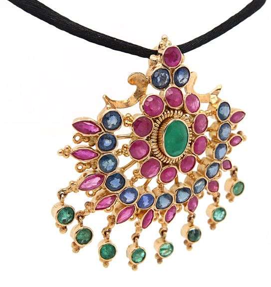 7.25ctw Ruby 4.50ctw Sapphire and 1.30ctw Emerald Fan Pendant Necklace in 14K