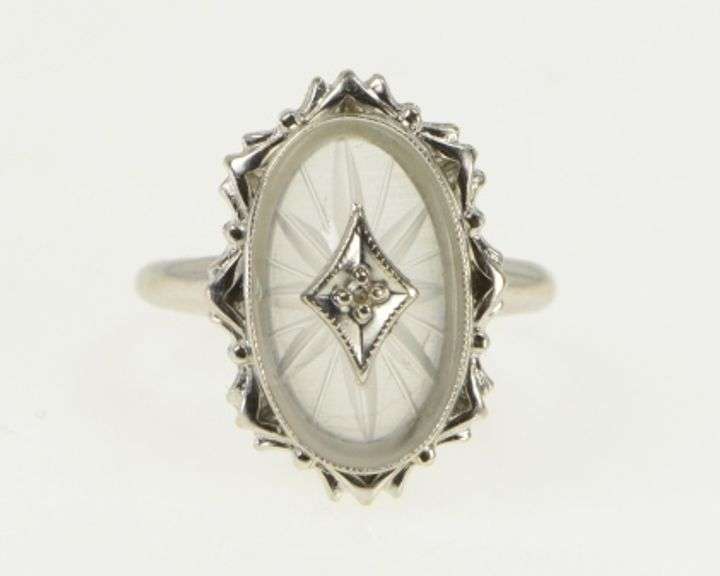 10K White Gold Oval Camphor Glass Diamond Filigree Ornate Ring