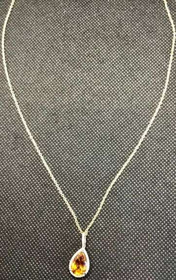 LUXURIOUS YELLOW SILVER CITRINE TEAR DROP NECKLACE WITH DIAMONDS