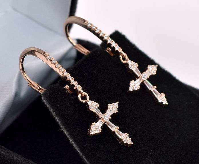 Rose Gold Toned CZ Cross Earrings In Sterling Silver