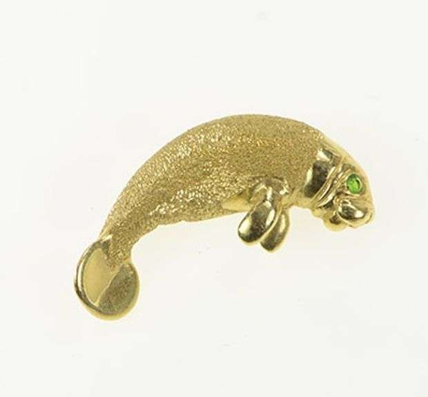 14K Yellow Gold Textured Manatee Ocean Marine Animal Pendant