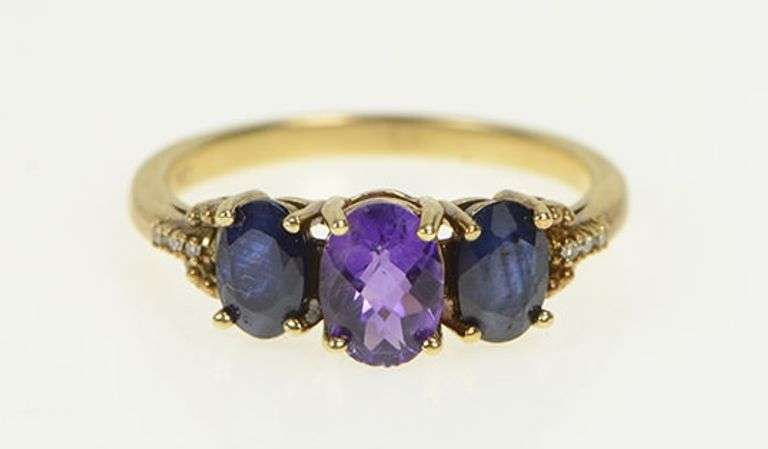 10K Yellow Gold Amethyst Sapphire Diamond Vintage Ring