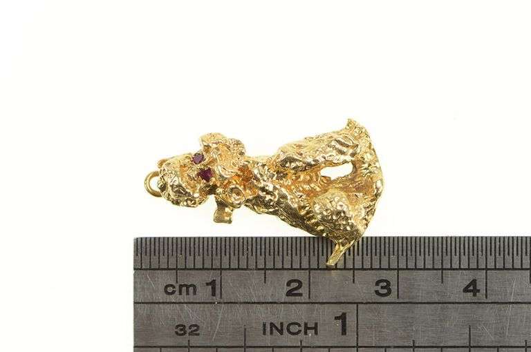 14K Yellow Gold Retro 1960's Syn. Ruby Eyed Dog Poodle Charm/Pendant