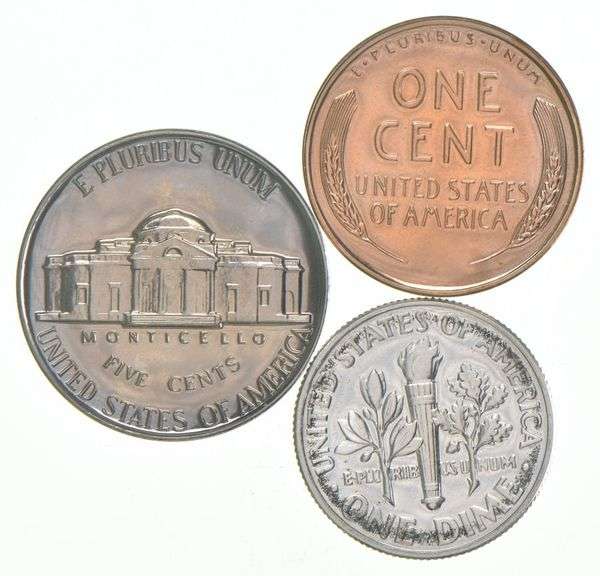 (3) 1952 PF Coins Lincoln Wheat Cent, Jefferson Nickel, Roosevelt Dime