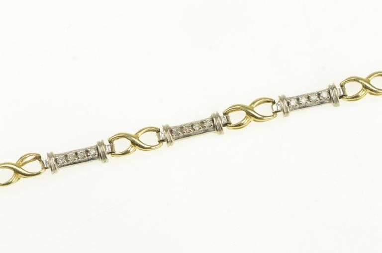 14K Yellow Gold Two Tone Diamond Bar Link X Criss Cross Bracelet