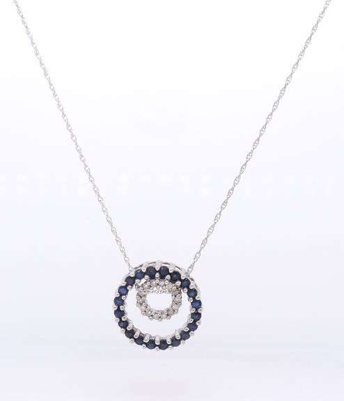 Fabulous White Gold Blue Sapphire and Diamond Circle Pendant on Chain