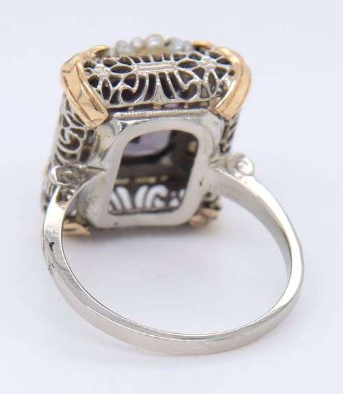 Antique White Gold Synthetic Alexandrite, Seed Pearl and Enamel Ring