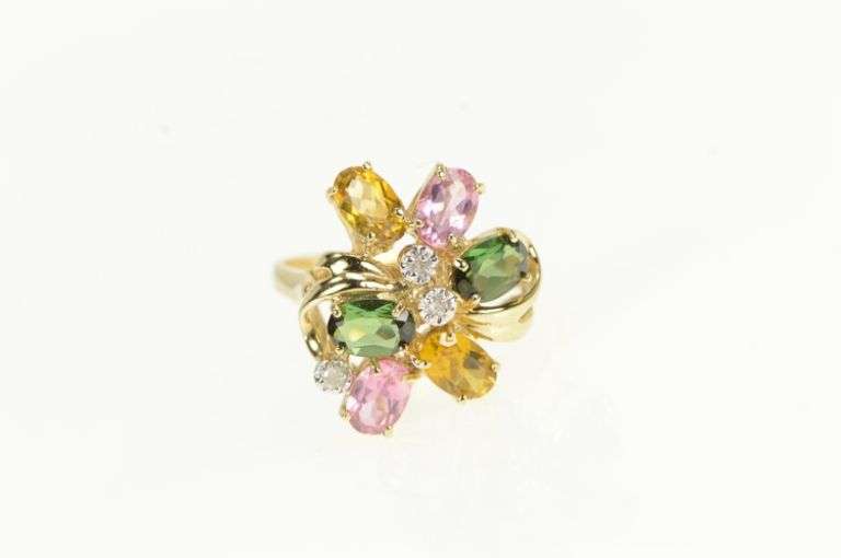 14K Yellow Gold Citrine Diamond Pink Topaz Tsavorite Cluster Ring