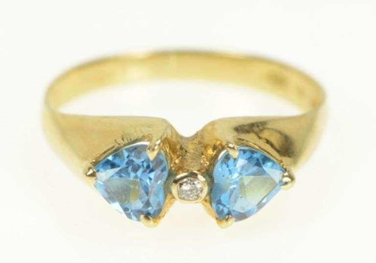 14K Yellow Gold Heart Blue Topaz Diamond Accent Vintage Ring