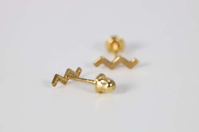 10k Yellow Gold Lighting Bolt Zig Zag Wave Curve Stud Earrings