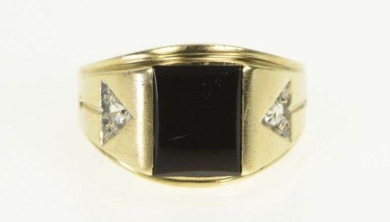 10K Yellow Gold Black Onyx CZ Accent Vintage Retro Statement Ring
