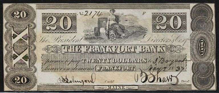 Crisp Exceptional 1800's $20 Note Frankfort Bank Of Frankfort Maine!