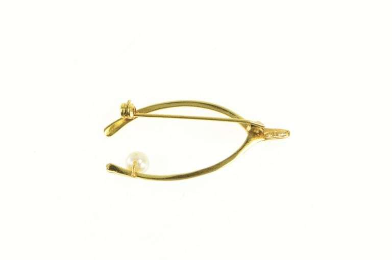 14K Yellow Gold Pearl Accent Wish Bone Good Luck Hope Pin/Brooch