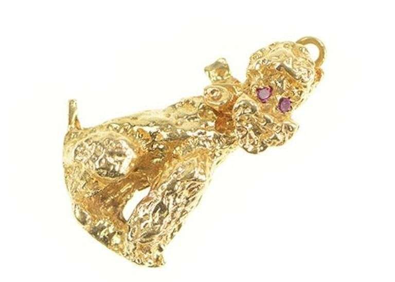 14K Yellow Gold Retro 1960's Syn. Ruby Eyed Dog Poodle Charm/Pendant