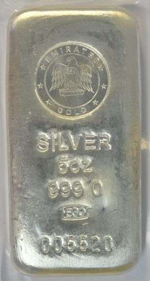 Attractive 5 Troy Oz pure .999 Fine Silver Emirates Mint bar in plastic
