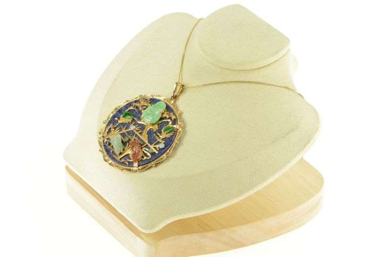 14K Yellow Gold Buddhist Lapis Jade Chinese Medallion Pendant/Pin