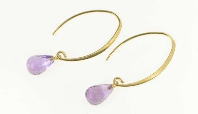 14K Yellow Gold Amethyst Faceted Drop Dangle Hook Vintage Earrings