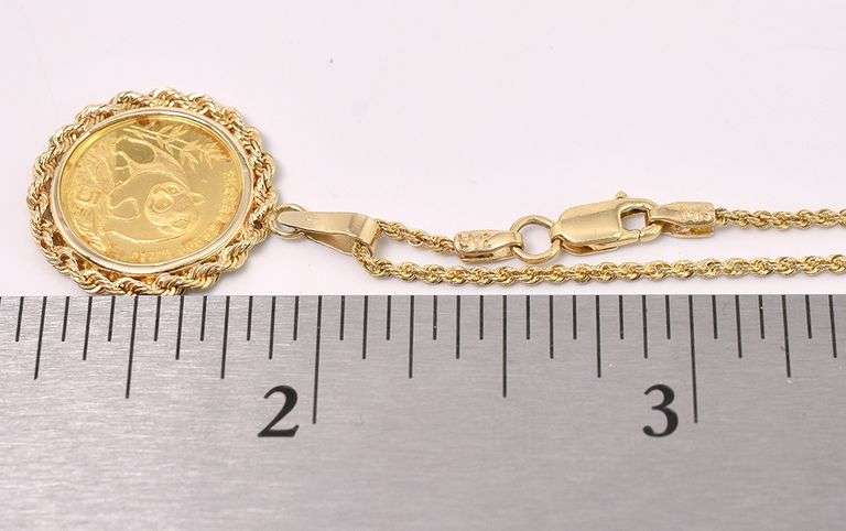 Superb 1990 5 Cent Panda 1/20 Pure Gold Coin Pendant Necklace In 14K Yellow Gold