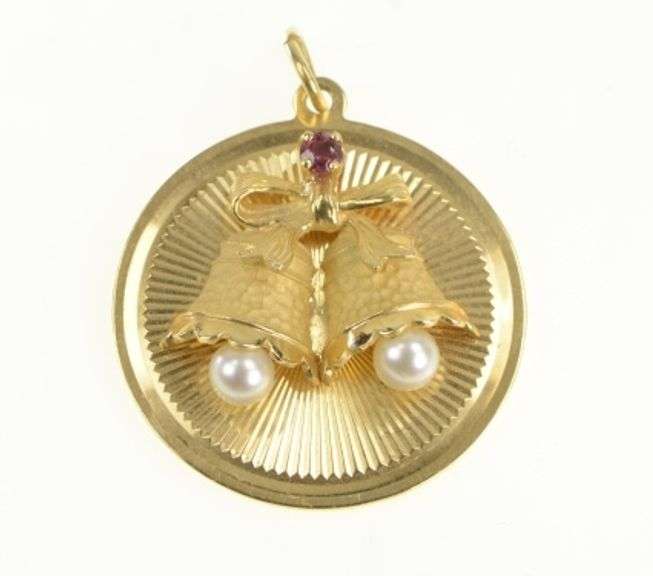 14K Yellow Gold 1960's Wedding Bell Pearl Ruby Marriage Charm/Pendant